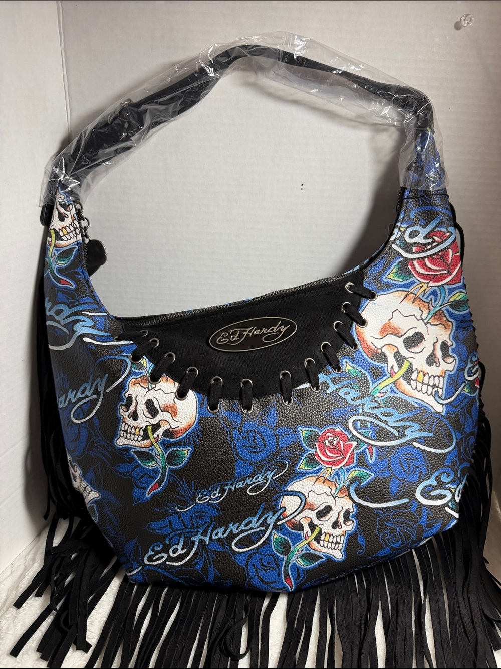 Ed Hardy Black Blue & Red Skull Rose Fringe Shoulder Bag